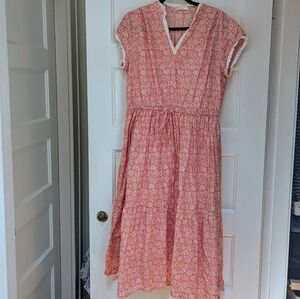eShakti Pink Midi Dress with V-Neck and Cap Sleeves